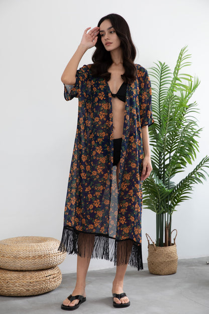 Women's Floral Chiffon Kimono: Open Front Swimsuit Cover-Up