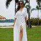 V-Neck Short Sleeve White Shirt Dress - Beach Cover-Up