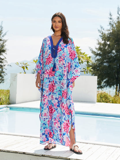 Women's Black Floral Print V-neck Kaftan Beach Cover-Up