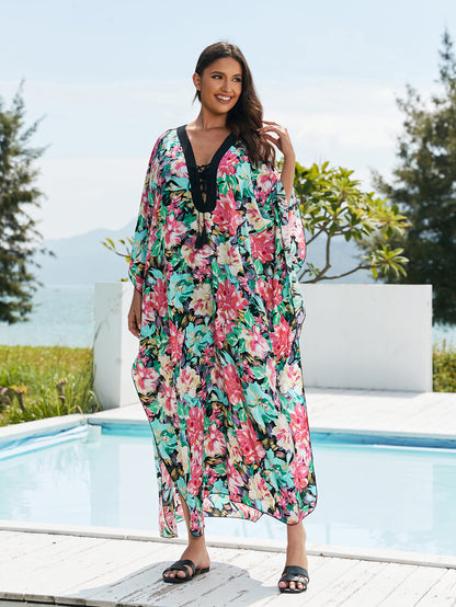 Women's Black Floral Print V-neck Kaftan Beach Cover-Up