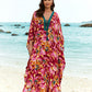 Women's Black Floral Print V-neck Kaftan Beach Cover-Up