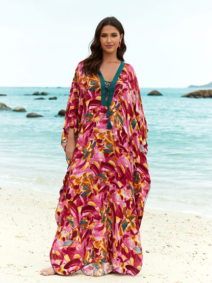 Women's Black Floral Print V-neck Kaftan Beach Cover-Up