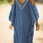 V Neck Embroidered Kaftan Cold Shoulder Beach Cover Up"