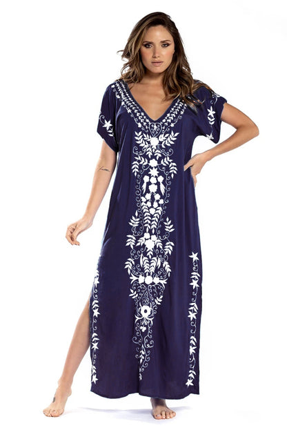 Embroidered V-Neck Swimsuit Cover Up Short Sleeve Beach Kaftan