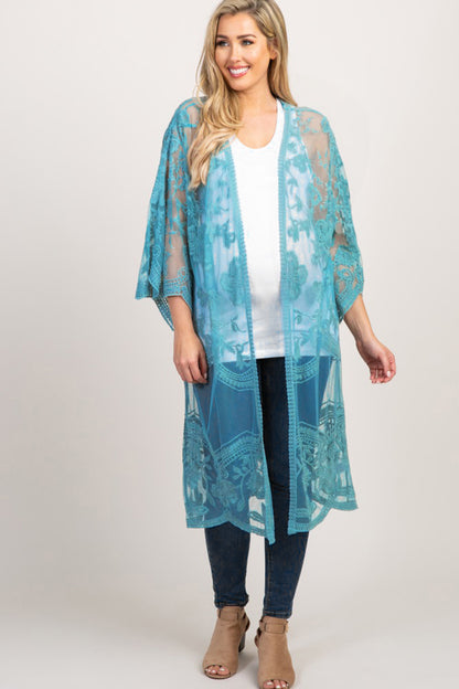 Mesh Embroidered Kimono Cardigan: Women's 3/4 Sleeve Cover Up