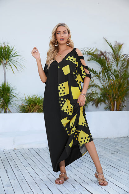 Yellow V-Neck Print Women's Kaftan Cover Up Dress