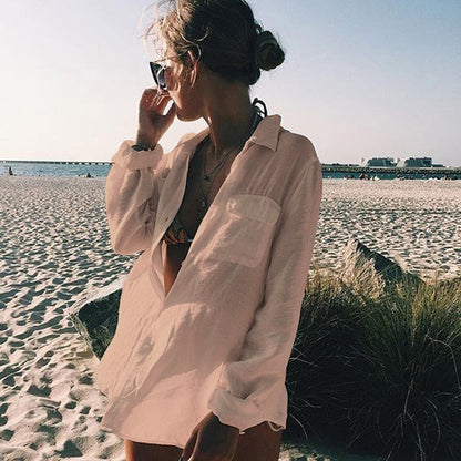 Women's Long Sleeve Button-Down Beach Shirt Cover Up