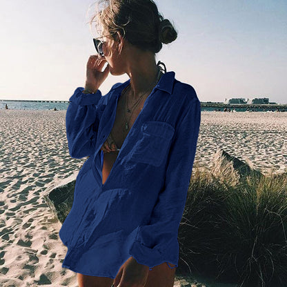 Women's Long Sleeve Button-Down Beach Shirt Cover Up