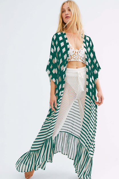 Stripe Print Kimono: Women's Long Sleeve Beach Cover Up