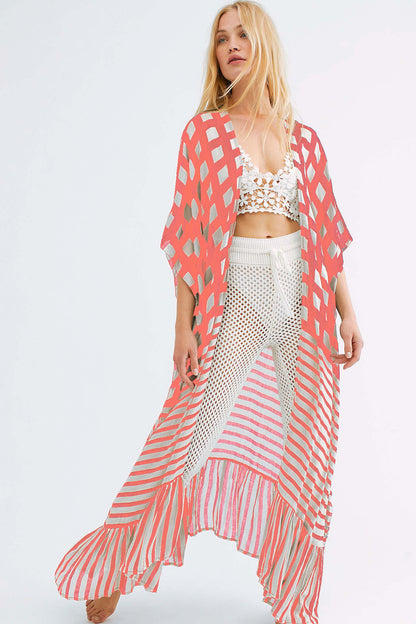 Stripe Print Kimono: Women's Long Sleeve Beach Cover Up