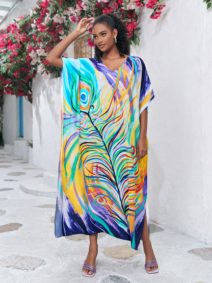 Print Long Kaftan Dress - Women's Beach Loungewear