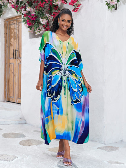 Print Long Kaftan Dress - Women's Beach Loungewear