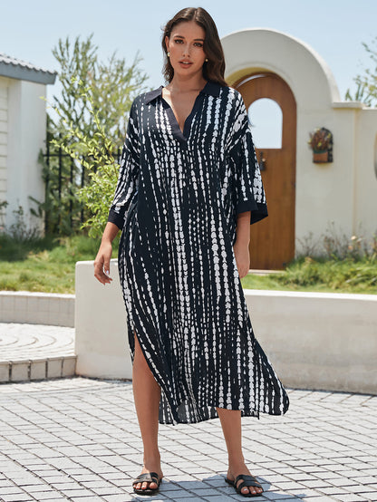 Short Sleeve Plus Size Pinstripe Beach Kaftan Cover-Ups