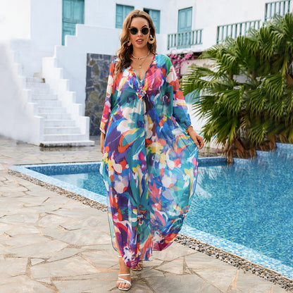 Plus Size Floral Print Kaftan Swimwear Cover-Up with Side Split