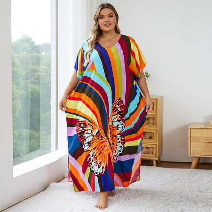 Print Long Kaftan Dress - Women's Beach Loungewear