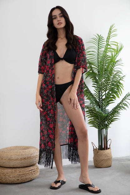 Women's Floral Chiffon Kimono: Open Front Swimsuit Cover-Up