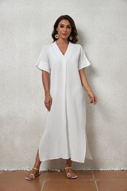 V-Neck Beach Kaftan Dress for Women, Side Split Swim Cover-Up