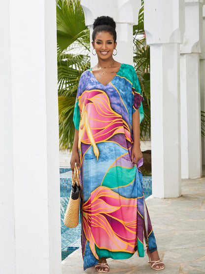 Print Long Kaftan Dress - Women's Beach Loungewear