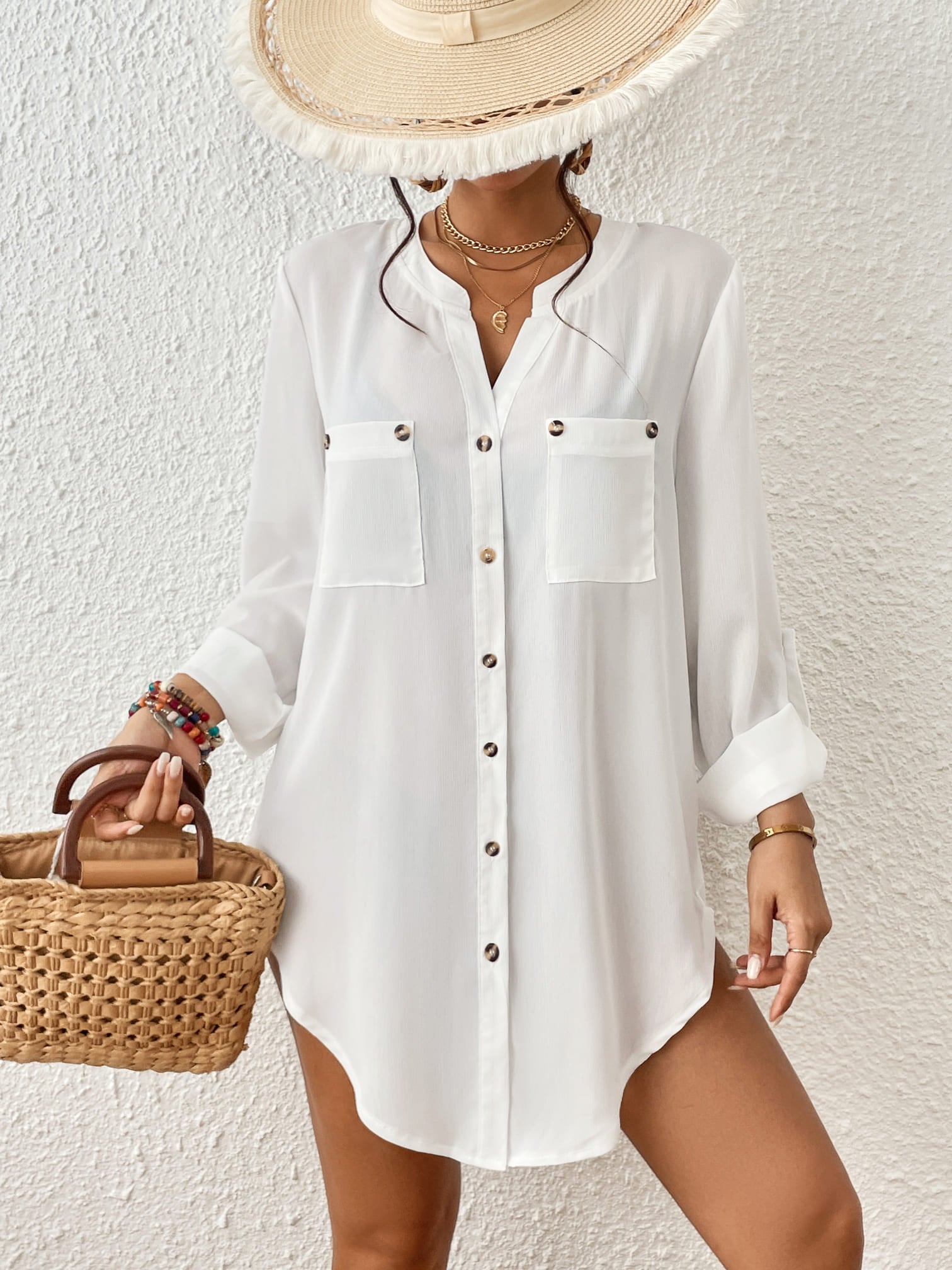 Womens Cotton Button Down Long Sleeve Shirts Bathing Suit Cover