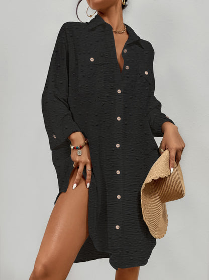 Swiss Dot Long Sleeve Beach Shirt Dress: Women's Cover Up