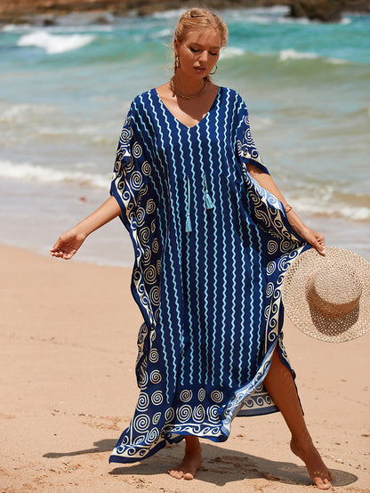 V-Neck Plus Size Caftan Swimsuit Cover Up with Side Split