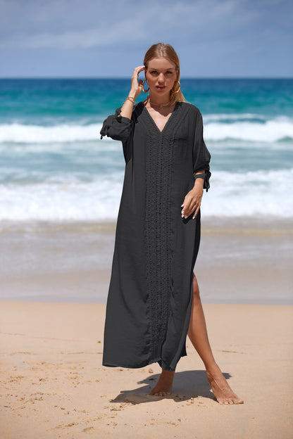 Women's Embroidered V-Neck Beach Caftan Dress