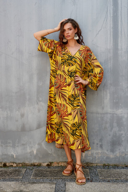 Women's Leaf Print V-Neck Maxi Beach Caftan Cover Up