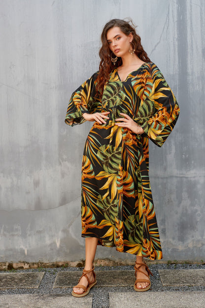 Women's Leaf Print V-Neck Maxi Beach Caftan Cover Up