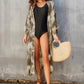 Grey Flowy Beach Kimono: Women's Long Open-Front Swimsuit Cover-Up