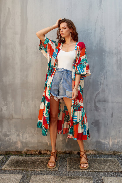 Women's Flowy Blue Beach Kimono Swimsuit Cover-Up with Belt