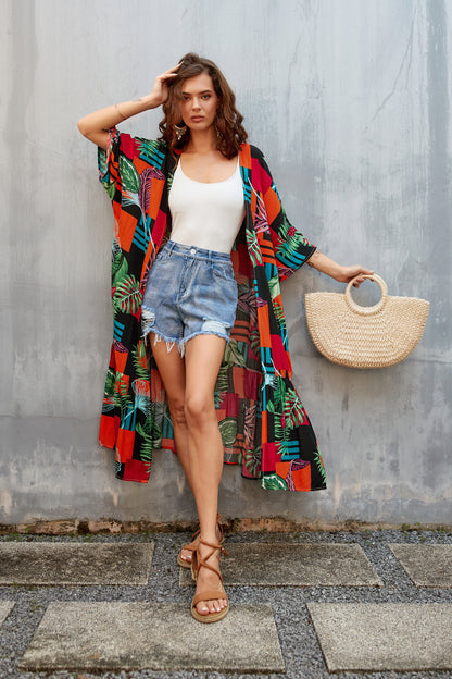 Women's Flowy Blue Beach Kimono Swimsuit Cover-Up with Belt