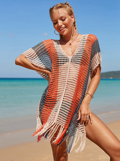 V-Neck Crochet Tassel Coverups - Women's Swimwear