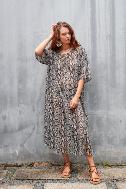 Women's V-Neck Snake Print Beach Kaftan Cover Up with Side Split