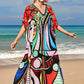 Colorful Print Plus Size Swimsuit Cover Up - V-Neck Kaftans