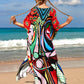 Colorful Print Plus Size Swimsuit Cover Up - V-Neck Kaftans