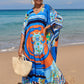 Colorful Print Plus Size Swimsuit Cover Up - V-Neck Kaftans