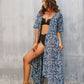 Blue Floral Print Chiffon Beach Kimono for Women's Swim Cover Up