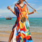 Colorful Print Plus Size Swimsuit Cover Up - V-Neck Kaftans