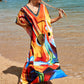 Colorful Print Plus Size Swimsuit Cover Up - V-Neck Kaftans