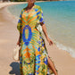 Colorful Print Plus Size Swimsuit Cover Up - V-Neck Kaftans