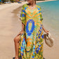 Colorful Print Plus Size Swimsuit Cover Up - V-Neck Kaftans