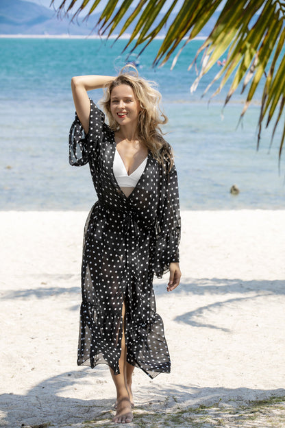 Women's Rose Dot Print Swimsuit Cover Up Kimono with Belt