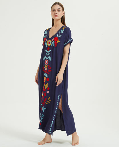 Embroidered V-Neck Swimsuit Cover Up Short Sleeve Beach Kaftan