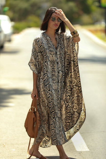 Plus Size Striped Print Beach Kaftan Dress - Button-Up Cover Up