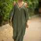 V Neck Embroidered Kaftan Cold Shoulder Beach Cover Up"