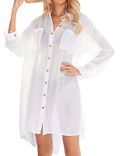 Long Sleeve Button-Down Beach Shirt Dress Cover-Up-Eddoyee