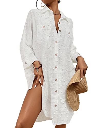 Swiss Dot Long Sleeve Beach Shirt Dress: Women's Cover Up