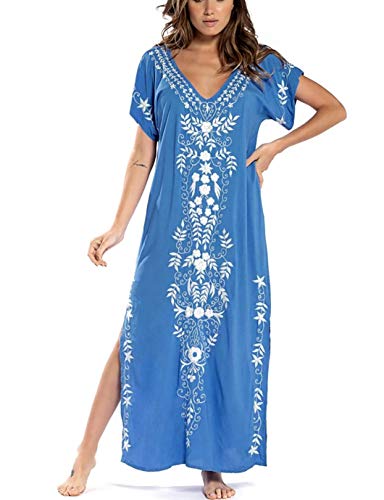 Embroidered V-Neck Swimsuit Cover Up Short Sleeve Beach Kaftan