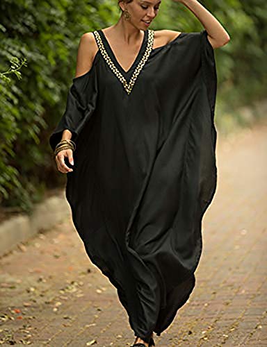 V Neck Embroidered Kaftan Cold Shoulder Beach Cover Up"