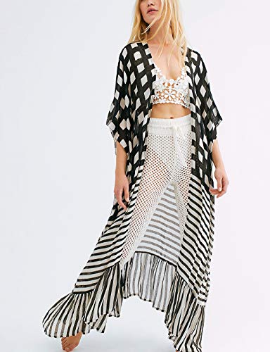 Stripe Print Kimono: Women's Long Sleeve Beach Cover Up